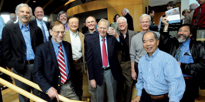 Broecker, surrounded by former students, toasts to 50 years of teaching in the Department of Earth and Environmental Sciences; the special anniversary event and reception was held in April 2010. Pictured back row (left to right) are Michael Bender ’70 GSAS; Dennis Adler ’82 GSAS; Billy Moore ’64 GSAS; Richard Ku ’66 GSAS; Rik Wanninkhof ’86 GSAS; Broecker; Robbie Toggweiler ’75, ’83 GSAS; Steve Emerson ’74 GSAS and John Wehmiller ’71 GSAS. Pictured front row are Kenneth Wolgemuth ’72 GSAS (left) and Tsung-Hung Peng ’73 GSAS. Photo: Courtesy Lamont-Doherty Earth Observatory